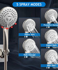 Shower Head Combo With Brushed Nickel Finish 5 settings handheld showing spray modes for powerful high pressure spray.