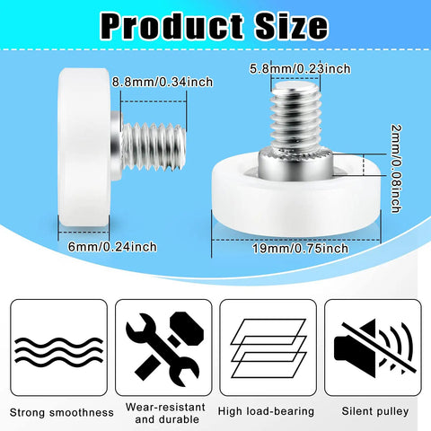 Game Changing 16 Piece 19 Mm Three Quarter Plastic Drawer Rollers With Precision Ball Bearing For Slick Cabinet Sliding and kitchen furniture, detailed size.