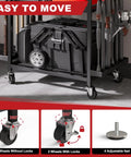 Fishing Rod Holder Rack With Wheels For Garage Storage And Organization showing wheels and locks on the bottom.