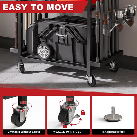 Fishing Rod Holder Rack With Wheels For Garage Storage And Organization showing wheels and locks on the bottom.