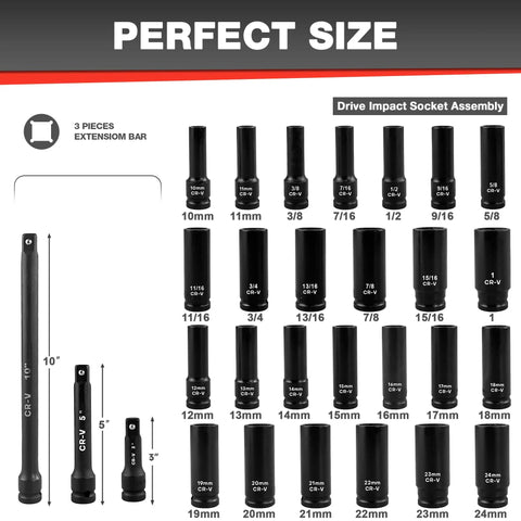 Chart displaying 29 Piece 1/2 Inch Drive Deep Impact Socket Set With 3 Inch, 5 Inch And 10 Inch Extensions, SAE And Metric Sockets, Cr-V Steel
