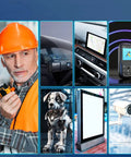 Collage featuring a construction worker, dashboard gadgets, robot dog, digital signage display, and security camera.