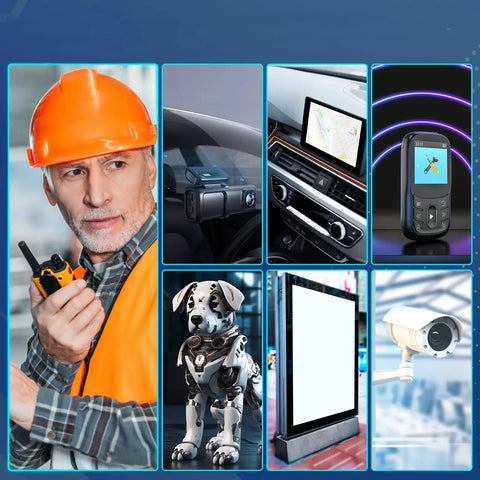 Collage featuring a construction worker, dashboard gadgets, robot dog, digital signage display, and security camera.
