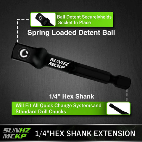 6 Piece Beefy Heavy Duty Impact Socket Adapter Set For Drill And Impact Wrench With 3 Inch And 6 Inch Hex Shank Extensions One Quarter Inch Three Eighths Inch One Half Inch Drive Adapters Holder Included showing 1/4 inch hex shank and detent ball feature.