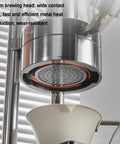 Close-up of 58mm brewing head on Top Shelf Manual Lever Espresso Maker Built From Heavy Duty 304 Stainless Steel for optimal heat conduction.