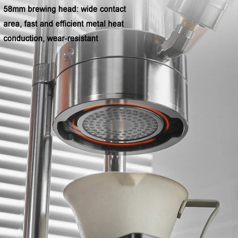Close-up of 58mm brewing head on Top Shelf Manual Lever Espresso Maker Built From Heavy Duty 304 Stainless Steel for optimal heat conduction.