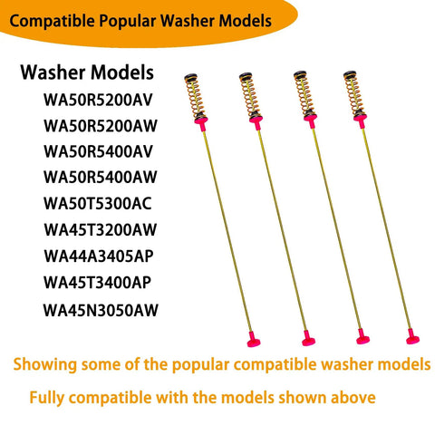 2026 Beefed Up Upgrade DC97-16350U Washer Suspension Rods Replacement Kit showing compatibility with washers WA50R5200AW, WA50R5400AW.