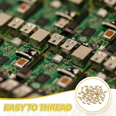 Top Shelf M2.5 Hex Brass PCB Standoffs With Female Threads 50 Piece Kit For FPV Drones Quadcopters And Motherboards Heavy Duty gold standoffs on a circuit board.