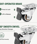 Top Notch 1 Inch Swivel Caster Wheels Set Of 4 Featuring Rock Solid Brake Locks showing foot-operated brake and 360° swivel functionality.