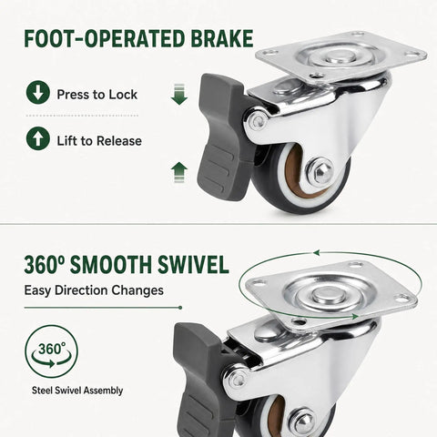 Top Notch 1 Inch Swivel Caster Wheels Set Of 4 Featuring Rock Solid Brake Locks showing foot-operated brake and 360° swivel functionality.