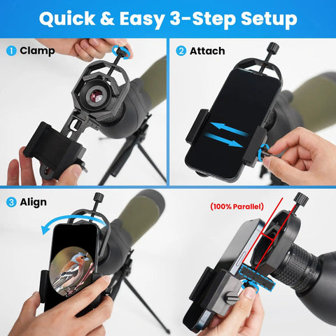 Universal Phone Mount Adapter For Spotting Scopes And Telescopes With 3 Axis Precision Alignment And Z Axis Fine Tuning setup guide