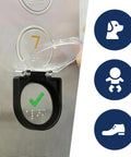 2 Pack PC Power Button Covers for Desktop Computers installed on a metal surface, clear plastic cap open, pet and child proof