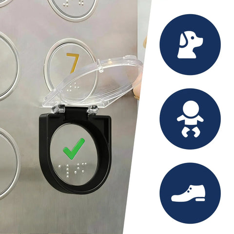 2 Pack PC Power Button Covers for Desktop Computers installed on a metal surface, clear plastic cap open, pet and child proof