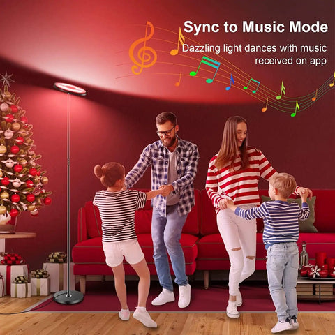 Family dancing next to Two-Sided Smart Floor Lamp With RGBCW Color, 2000 Lumens, Alexa And Google Home Ready, 66 Inch Tall, Black.