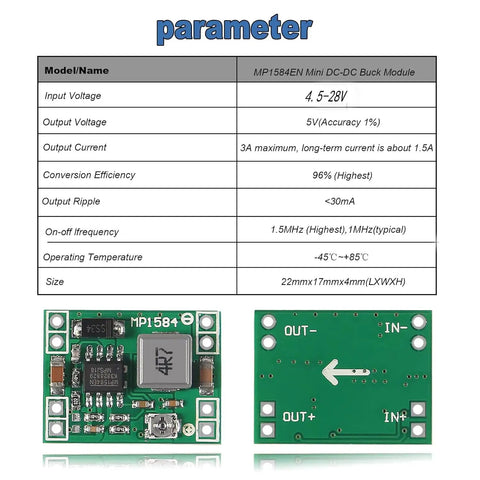 Image showing Six Pack MP1584 EN DC To DC Buck Converter Module Adjustable Voltage Step Down Power Supply 3A Output details and specifications.