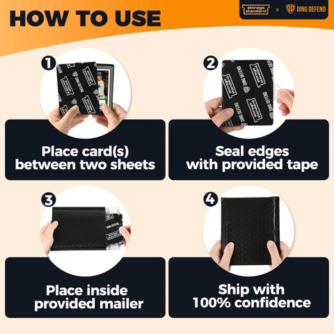 Card Shipping Protector Kit With Bubble Mailers And Tape Seals For Collectible Cards, Includes 110 Card Protectors, 55 Bubble Mailers, 250 Seals, Black, usage instructions with step-by-step guide