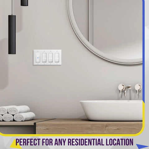 Decorator Light Switch Or Receptacle Wall Plate With Gloss Finish, 4-Gang, 4.50 x 8.19 Inches, White, in bathroom setting