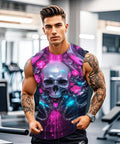 Mens 3D Printed Skull Sleeveless Muscle Tank Top worn by a muscular model, showcasing a vibrant skull design in a gym setting.