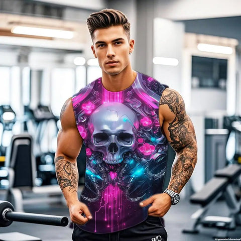 Mens 3D Printed Skull Sleeveless Muscle Tank Top worn by a muscular model, showcasing a vibrant skull design in a gym setting.