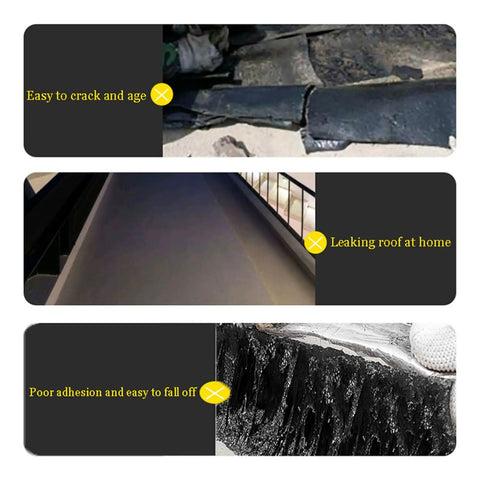 Images showing issues with roofing: cracking material, leaking roof, and poor adhesion highlighting common roofing problems.