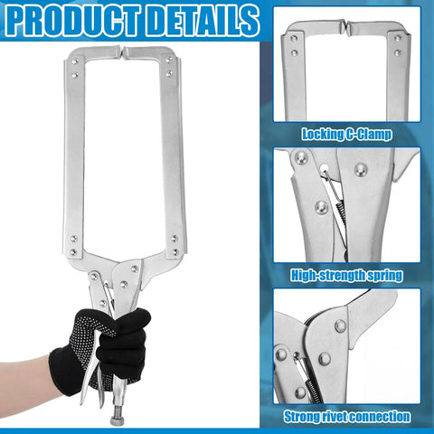 18 Inch C Clamp Locking Pliers For Heavy Duty Welding Table Clamps With Adjustable Pressure And Locking Design Deep Throat Large Eight Point Three Inch Opening Ideal For Securing Irregular Workpieces Four Piece Set, steel clamp held in gloved hand