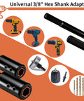 Universal 3/8" Hex Shank Adapter set showing multiple connectors, ideal for Heavy Duty Drill Bit Extension Set With Three Eighth Inch Hex Shank And Extra Long Forstner Bit Adapter Built Like A Sweet Workhorse From Abrasion Proof Carbon Steel For No Sweat Deep Drilling In Cabinetry Joinery.