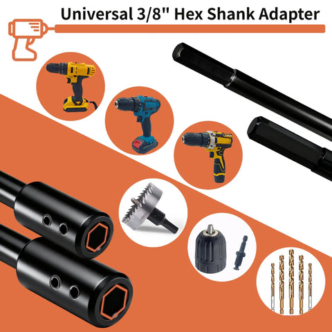 Universal 3/8" Hex Shank Adapter set showing multiple connectors, ideal for Heavy Duty Drill Bit Extension Set With Three Eighth Inch Hex Shank And Extra Long Forstner Bit Adapter Built Like A Sweet Workhorse From Abrasion Proof Carbon Steel For No Sweat Deep Drilling In Cabinetry Joinery.