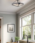 Valencia 16 Inch Three Light Modern Farmhouse Semi Flush Ceiling Light with textured glass shade in black and gray oak finish in kitchen