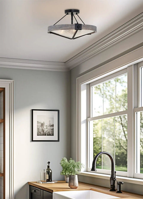 Valencia 16 Inch Three Light Modern Farmhouse Semi Flush Ceiling Light with textured glass shade in black and gray oak finish in kitchen
