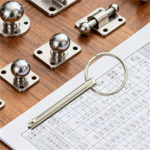 Get These Xuanqiu Quick Release Pins for Furniture And Marine Gear! This 10Pc M6 Ball Lock Set features shiny alloy pins and bases on wood.