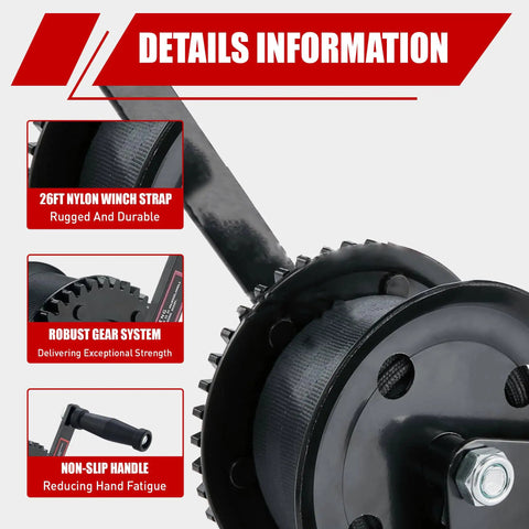 Close-up of 1200 Lb Boat Trailer Strap Winch With 8 Meter Black Rope, showing robust gear system and non-slip handle.