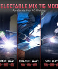 Dual Voltage Aluminum TIG Welder With Pulse AC/DC Inverter feature showing square, triangle, sine wave TIG welding modes