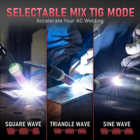 Dual Voltage Aluminum TIG Welder With Pulse AC/DC Inverter feature showing square, triangle, sine wave TIG welding modes