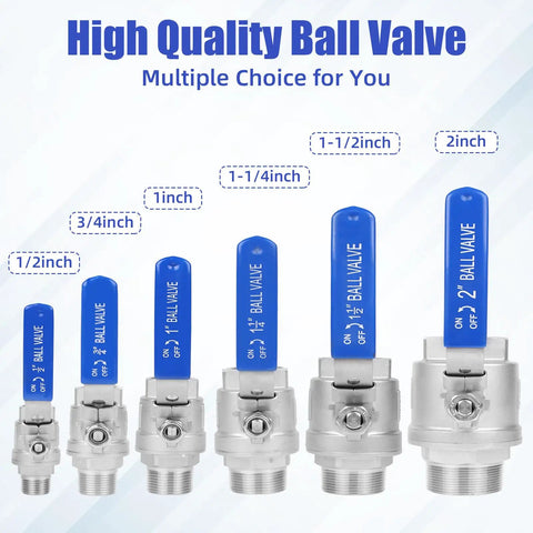 Various sizes of high-quality stainless steel ball valves, including 4 Pack Full Port Ball Valve One Half Inch NPT Male To Female.