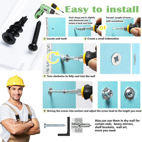 Fifty Pieces Size 8 Self Drilling Drywall Anchors And Screws Kit For Wall Mounting Includes Twenty Five Heavy Duty Hollow Sheetrock Anchors And Twenty Five One Quarter Inch Screws No Pre Drill Hole Required Holds Up To 75 Lbs step-by-step installation diagram.