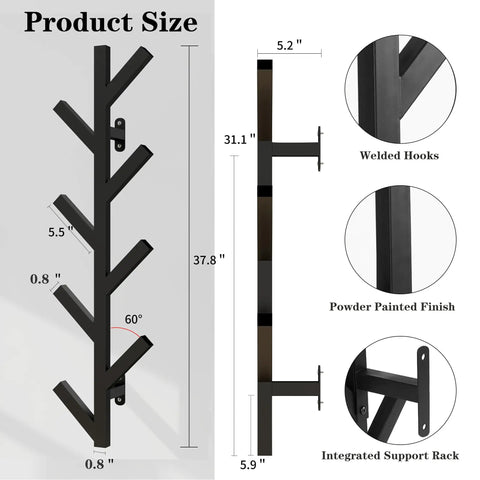 Wall Mounted Metal Coat Rack With Nine Hooks, Modern Minimalist Upright Coat Tree, heavy duty steel, product size dimensions and features.