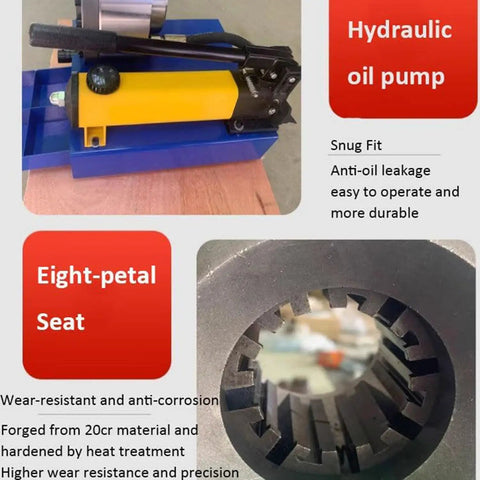 Badass Heavy Duty Hydraulic Hose Crimper With Seven Forged Steel Die Sets And Magnetic Quick Swap Molds For Lightning Fast One Thousand Kilonewton Tube Press Jobs showing hydraulic oil pump and eight-petal seat.