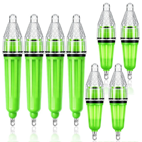 8 Pack Underwater Fishing Lights Green LED Deep Drop Night Fishing Set 360 Degree Bait Lure Attractant Waterproof For Saltwater Lake River Sea Includes 4 Large 6.7 Inch And 4 Small 4.7 Inch Lights AA Battery Powered