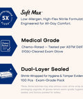 Image displaying features of Black Nitrile Disposable Gloves, Powder Free And Latex Free, Chemical Resistant Medical Exam Gloves, Food Safe for Kitchen and Lab with Soft Max formulation.