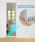 Sliding Barn Door Floor Guide With 360 Degree Ball Bearings shown installed in bathroom with stainless steel, waterproof design