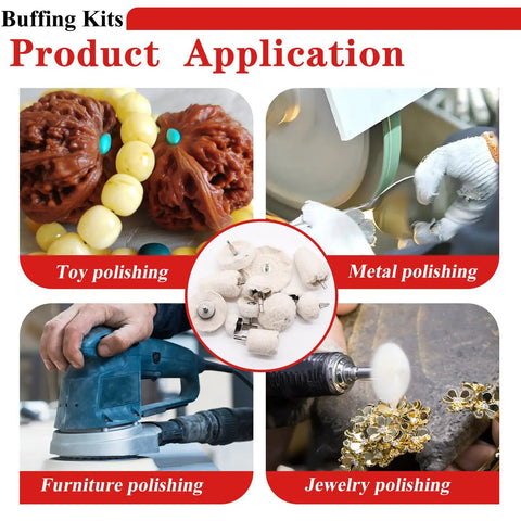 Product applications of 10 Piece Drill Polishing Kit With Buffing Wheels And Pads for toys, metal, furniture, and jewelry polishing.
