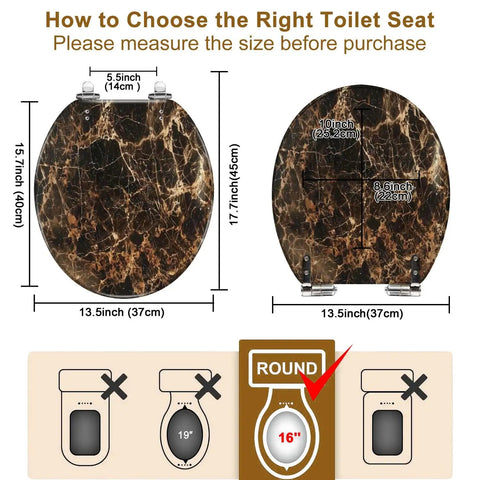 Replacement Round Toilet Seat with Quiet Close for Bathroom dimensions displayed, showing sizes for fitting and installation.