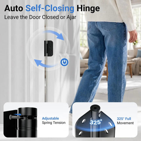 3 Pack Self Closing Door Hinges 4 Inch Matte Black With Adjustable Tension Auto Close Spring Loaded Hardware shows adjustable tension feature.