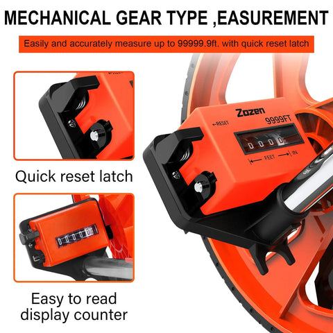 Distance Measuring Wheel With Feet And Inches Readout, collapsible design, reset latch, mechanical counter, kickstand visible
