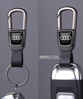 Leather Car Keychain Set For Audi A3 A4 A5 A6 A7 A8 Q3 Q4 Q5 Q6 Q7 Q8 R8 Leather Key Ring Lanyard With Zinc Alloy Hardware, Slick Black, close-up view