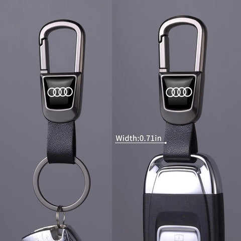 Leather Car Keychain Set For Audi A3 A4 A5 A6 A7 A8 Q3 Q4 Q5 Q6 Q7 Q8 R8 Leather Key Ring Lanyard With Zinc Alloy Hardware, Slick Black, close-up view
