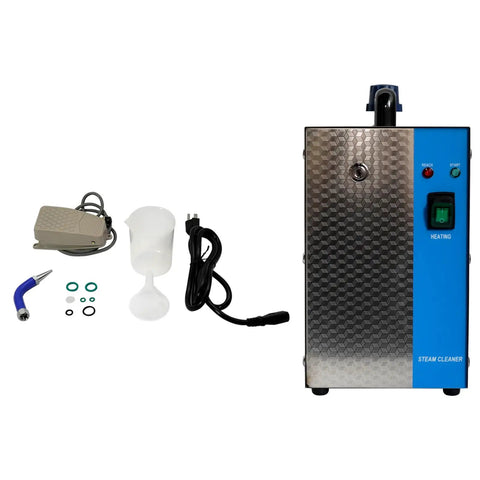 Heavy Duty 2L Jewelry Steam Cleaner And Gem Washer With 1300 Watt Blast showing a stainless steel structure, power cord, and accessories.