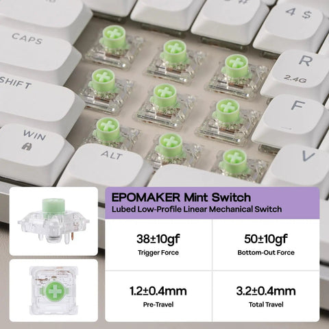 Close-up of EPOMAKER Mint switches in a Premium Low Profile Aluminum Mechanical Keyboard With Full Via Programming Hot Swappable Switches.