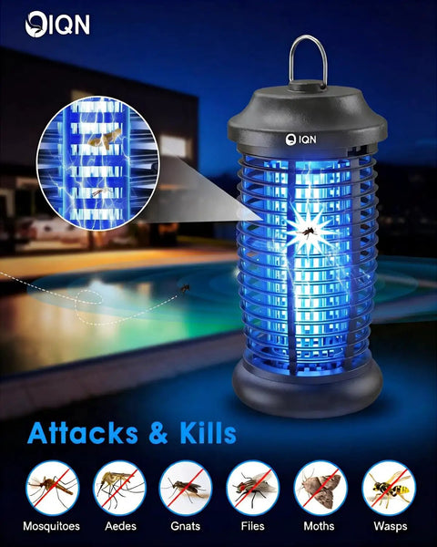Bug Zapper Outdoor Plug In Electric Mosquito And Fly Killer With 15W UV Light And 4200V Grid On Off Switch shown in a patio setting