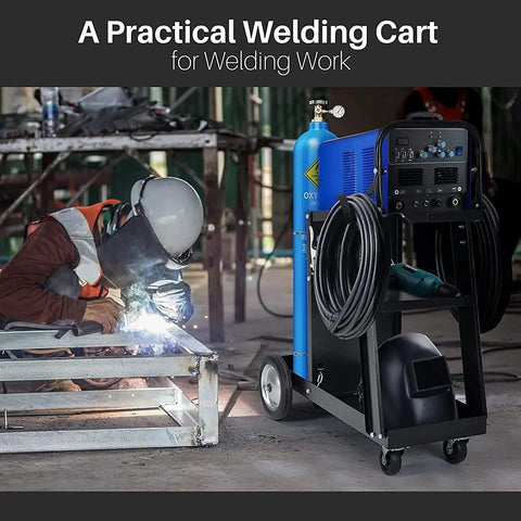 3 Tier Welding Cart With 360 Degree Swivel Wheels For MIG TIG Plasma Cutter Welder Kit in use at a workshop
